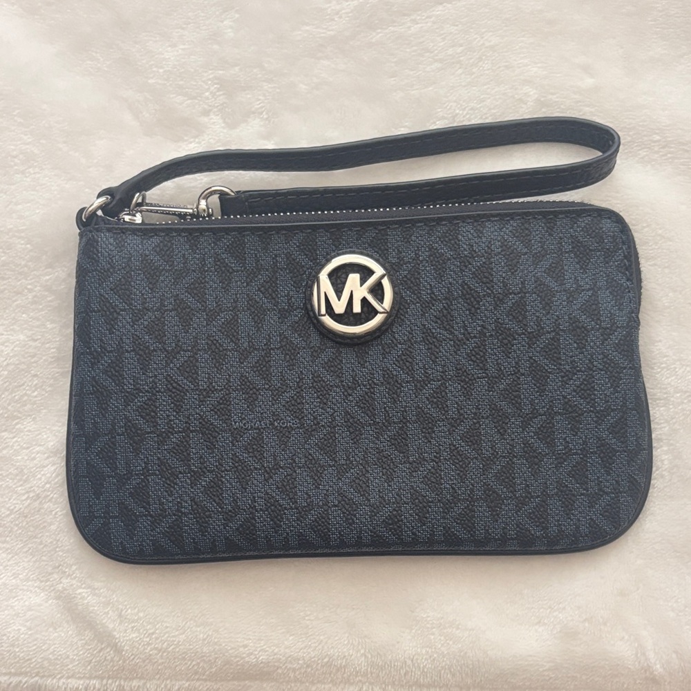 Michael Kors Dark Blue Monogram Wristlet with Silver Hardware